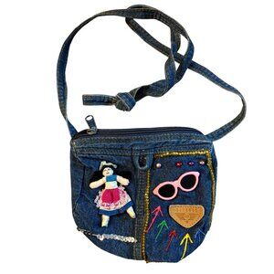 Vintage Gitano Denim Crossbody Bag With Doll & Colorful Embellishments Purse